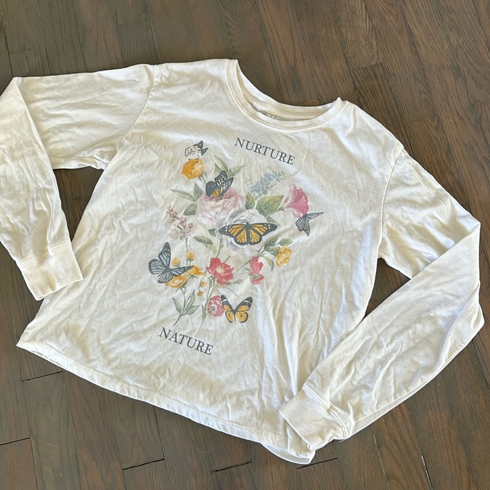 Gold Rush Nurture Nature Flower Butterfly Print Graphic Long Sleeve Shirt medium
